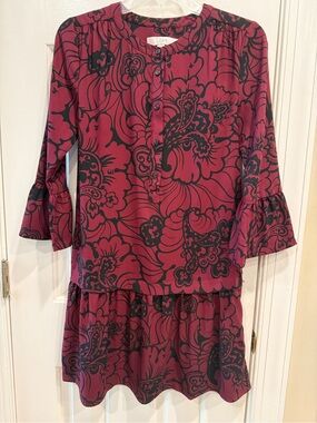 LOFT XS Flirty Raspberry  Red Mini Dress with Long Bell Sleeves
